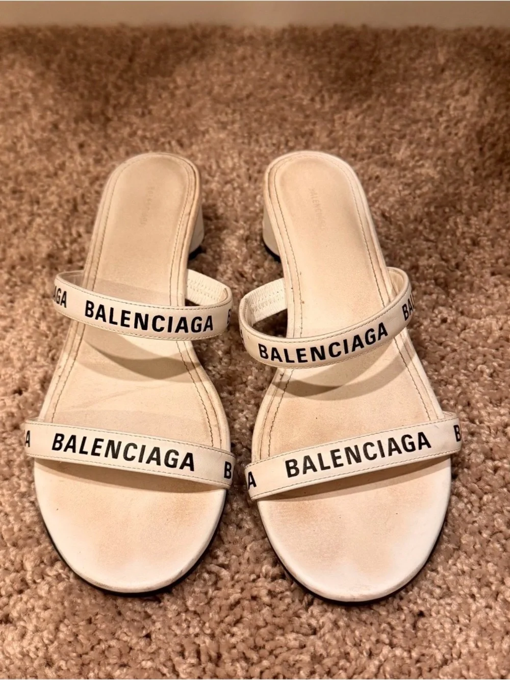 Balenciaga Cream Logo-Strap Slide Sandals